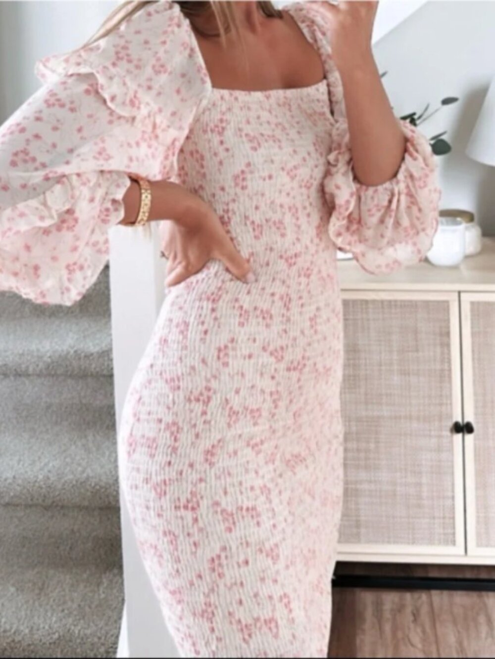 Petal and Pup Smocked Ruffle Midi Dress in Blush Floral